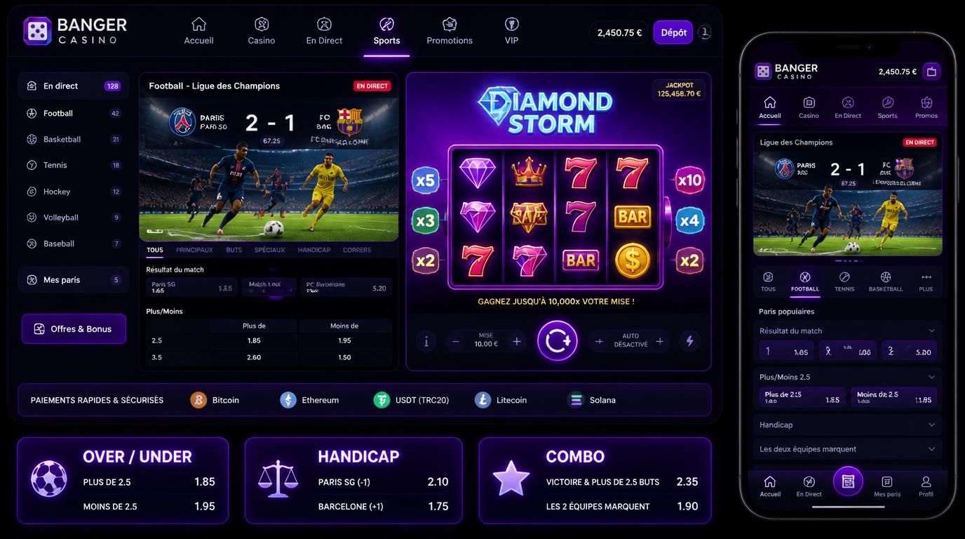 parieur en train de choisir entre match en direct et machine à sous avec crypto affichée