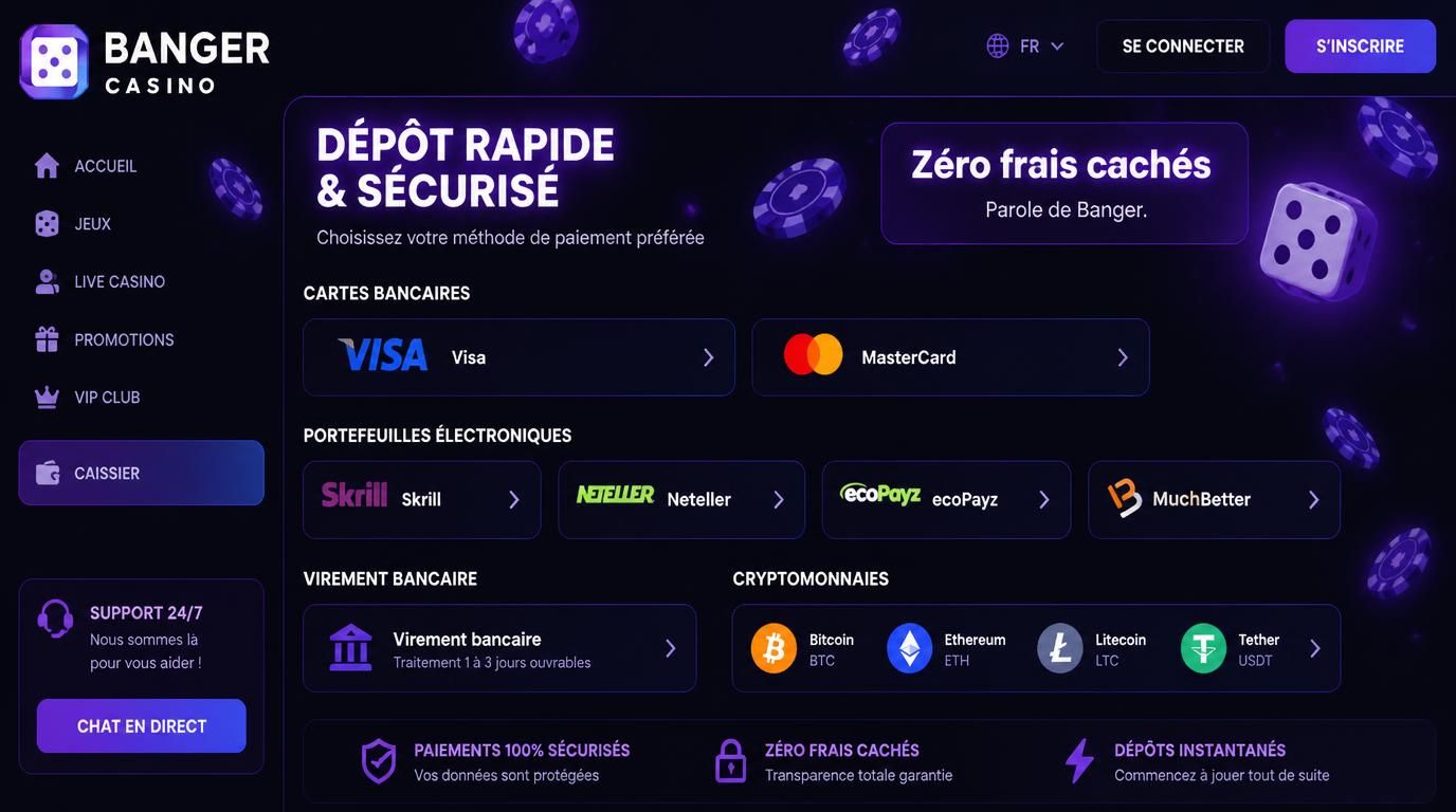 interface de paiement avec cartes, wallets, cryptos et texte zéro frais cachés